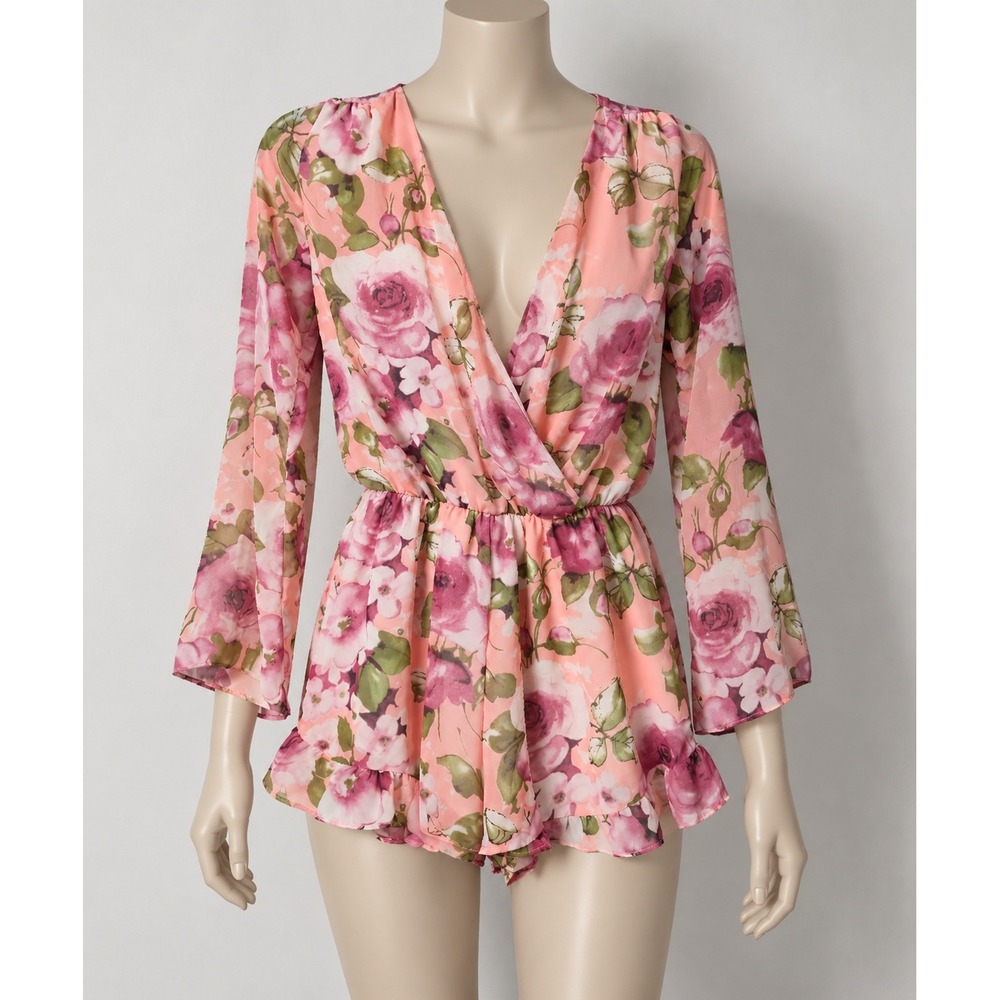 Honey Punch Pink Floral Long Sleeve Romper V-Neck Ruffle Hem Size Small